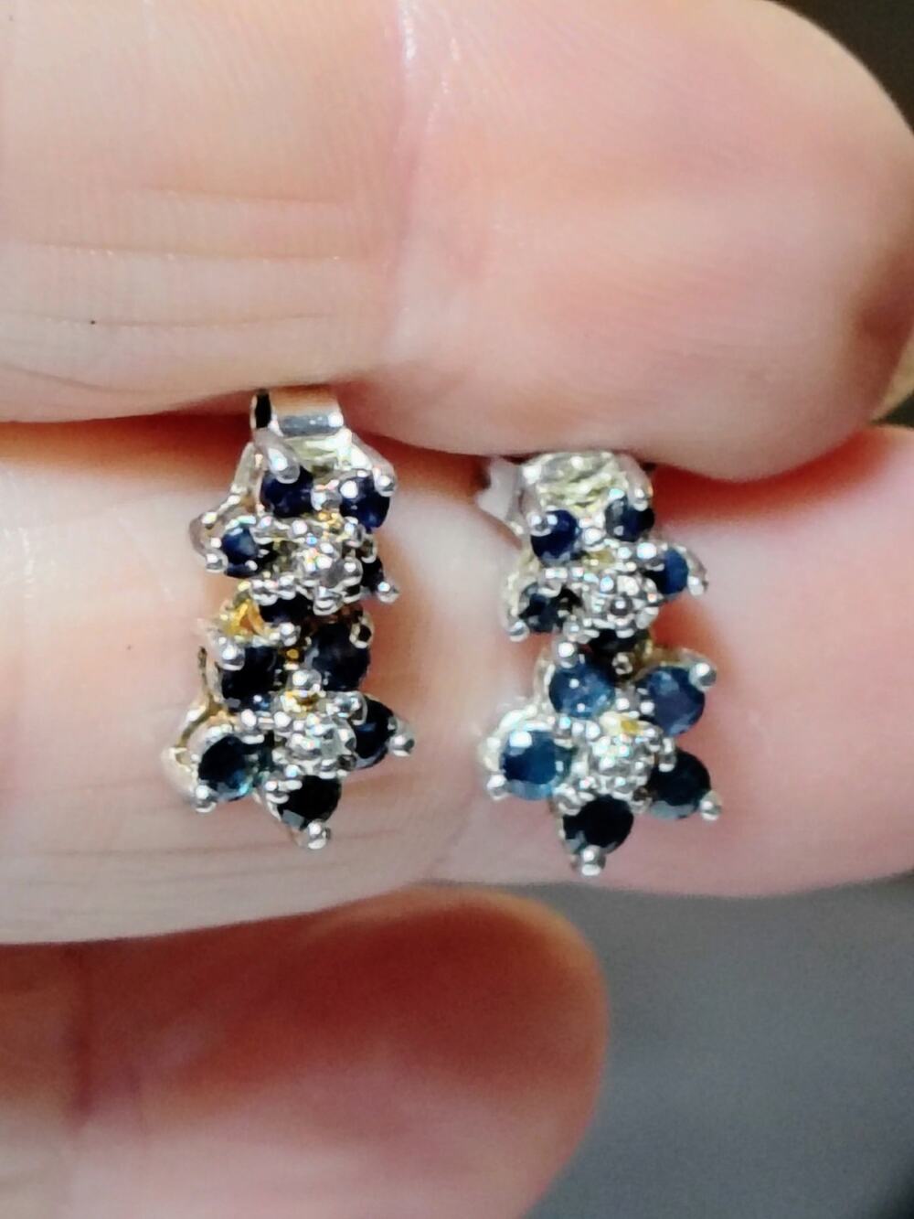 925 Sterling Sapphire Diamond ClusterDrop Stud Earring 2.15g